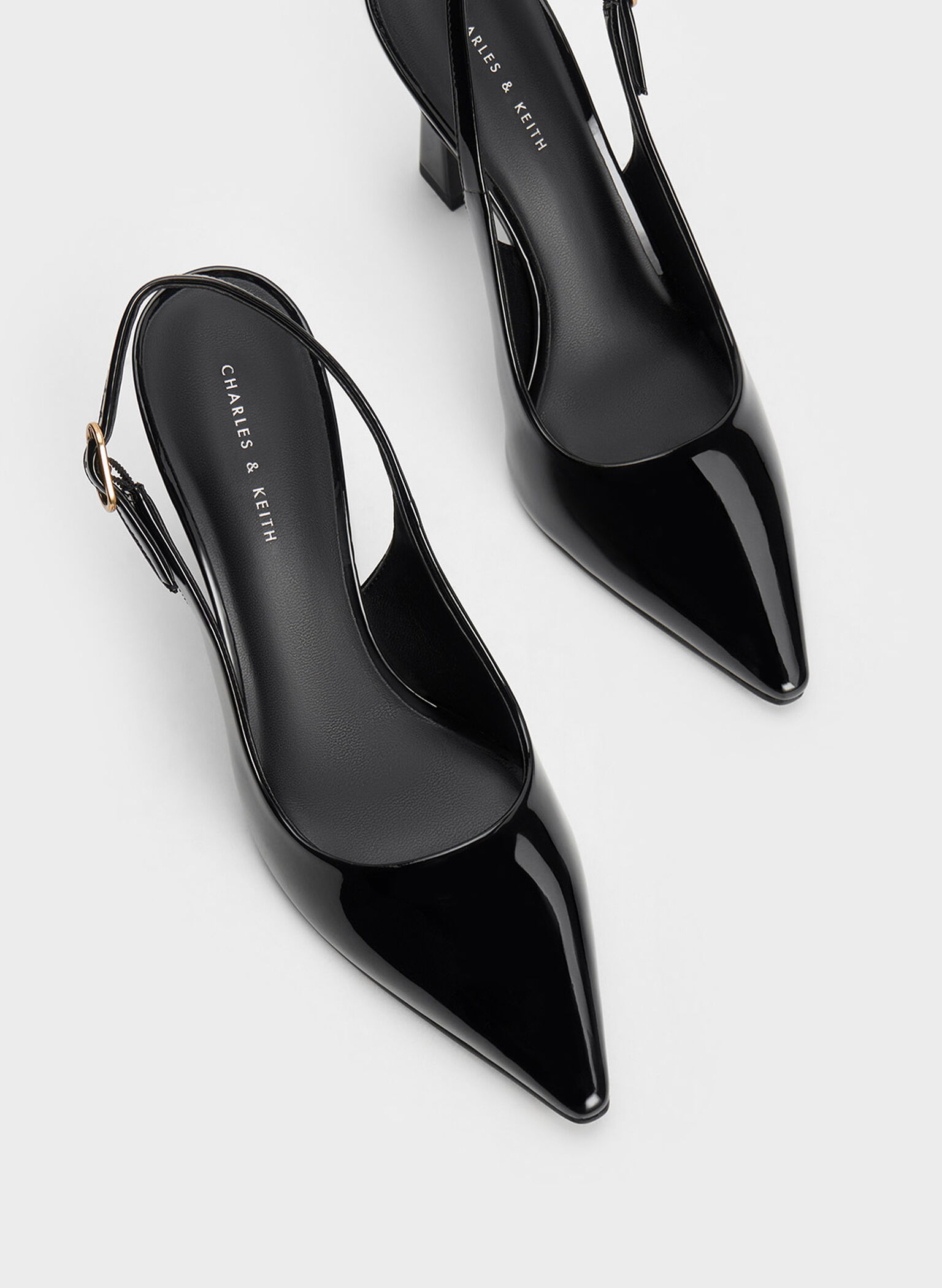 Patent Trapeze Heel Slingback Pumps, Black Patent, hi-res