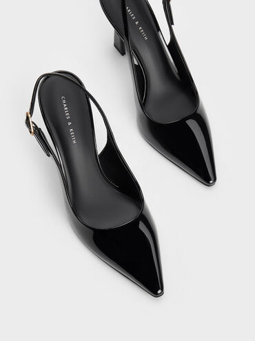 Patent Trapeze Heel Slingback Pumps, Black Patent, hi-res