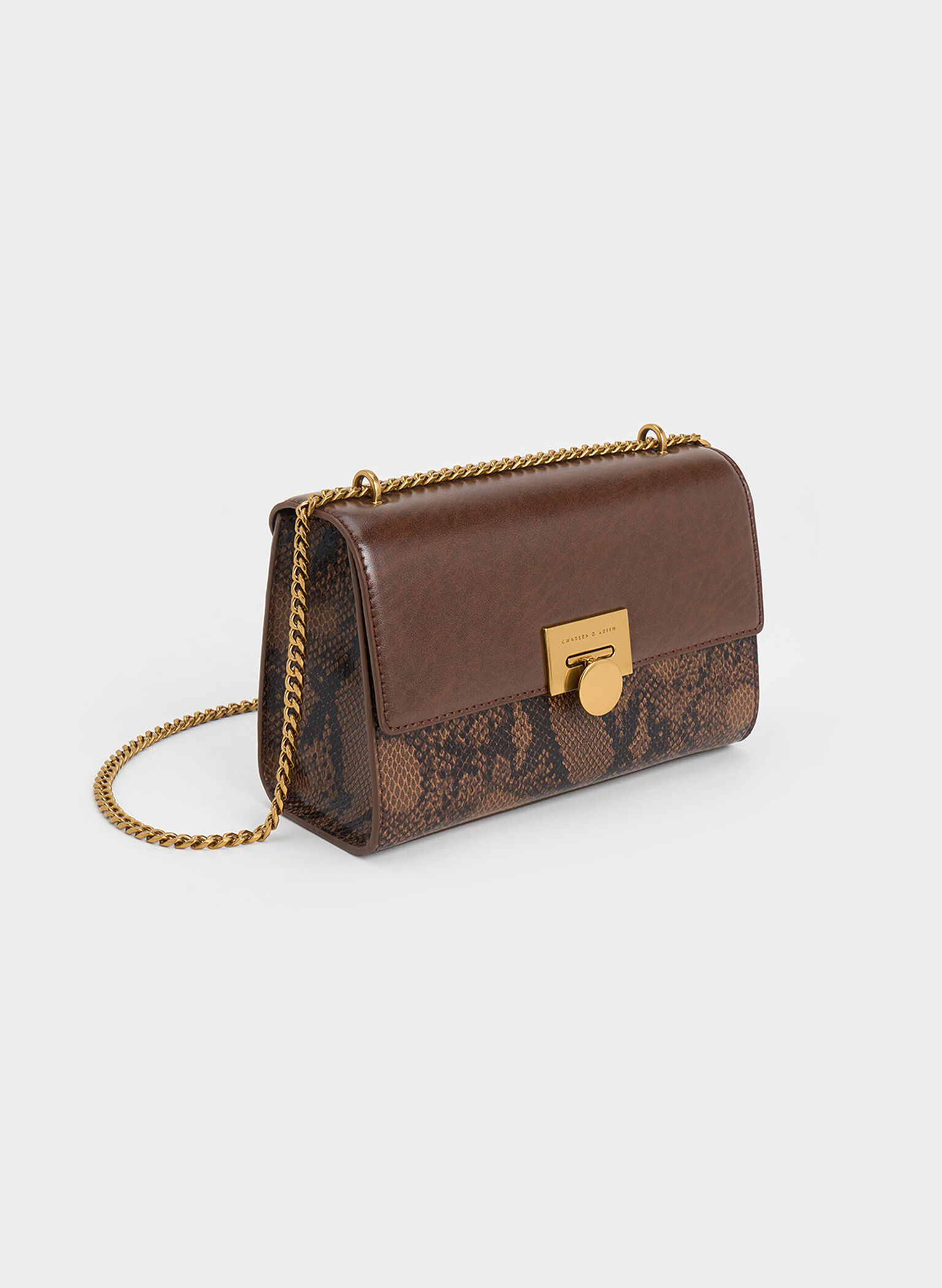 Ebba Snake Print Chain-Strap Bag, Brown, hi-res