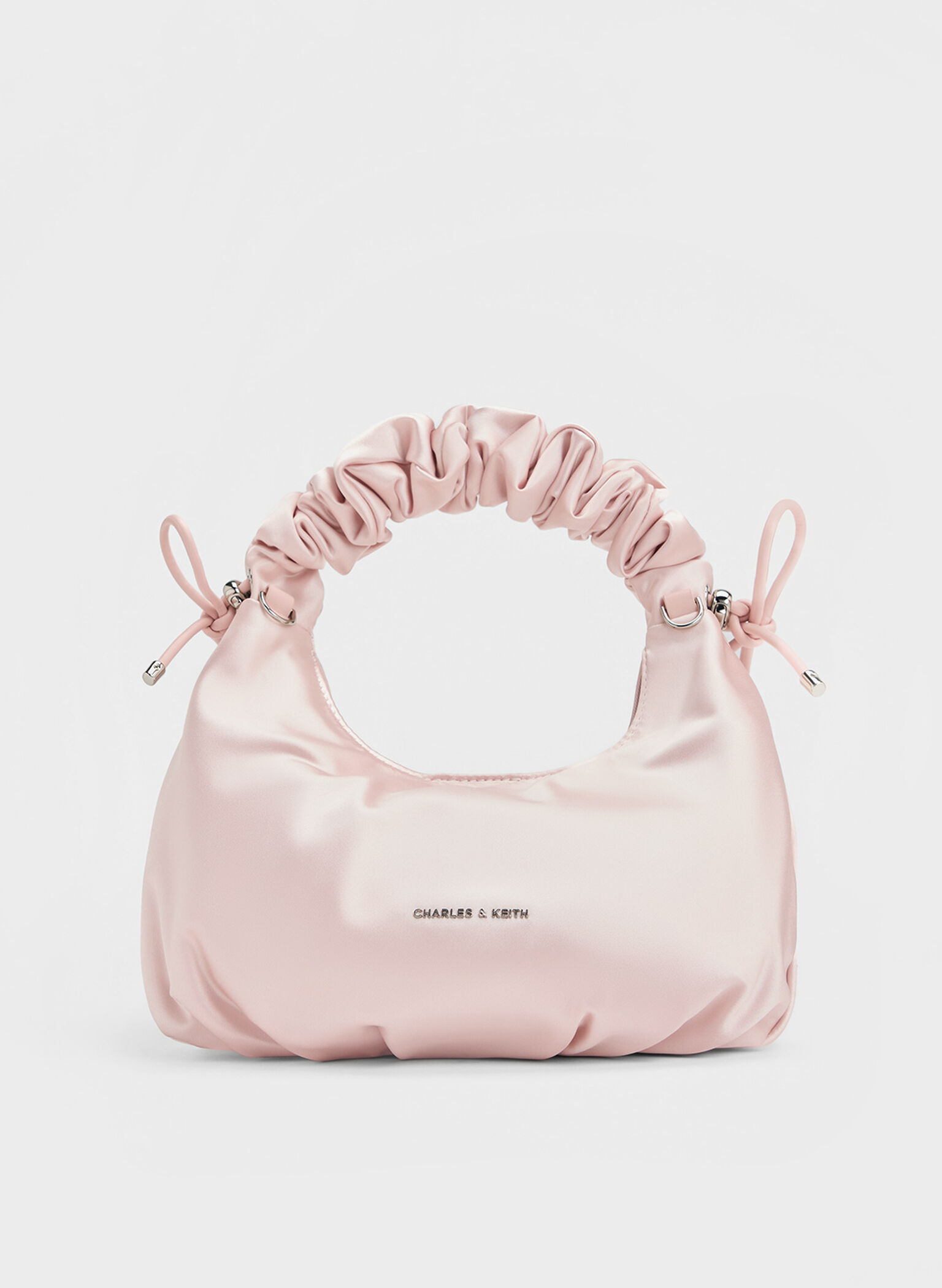 Satin Bow Ruched-Handle Bag, Baby Pink, hi-res