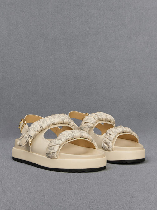 Leather Ruched-Strap Sandals, Chalk, hi-res