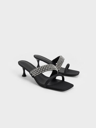 Gem Embellished Strappy Mules, Black, hi-res