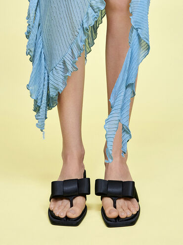 Satin Bow Heeled Thong Sandals, Black Textured, hi-res