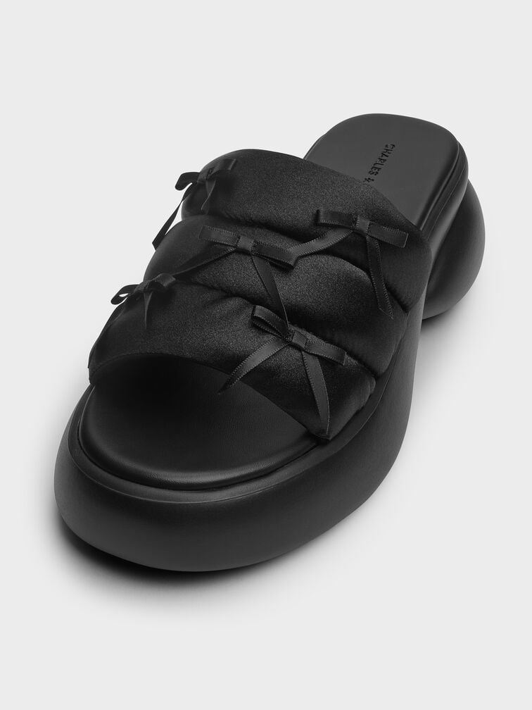 Recycled Polyester Bow Puffy Sports Sandals, Black Textured, hi-res
