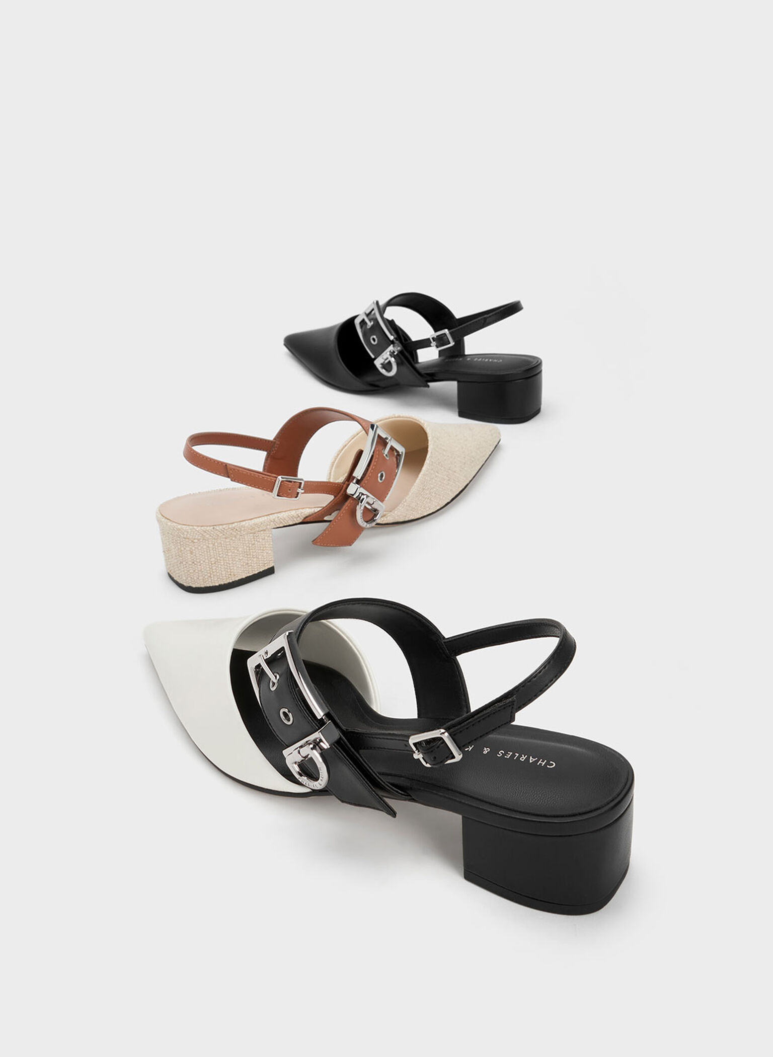 Buckled Strap Slingback Pumps, Black, hi-res