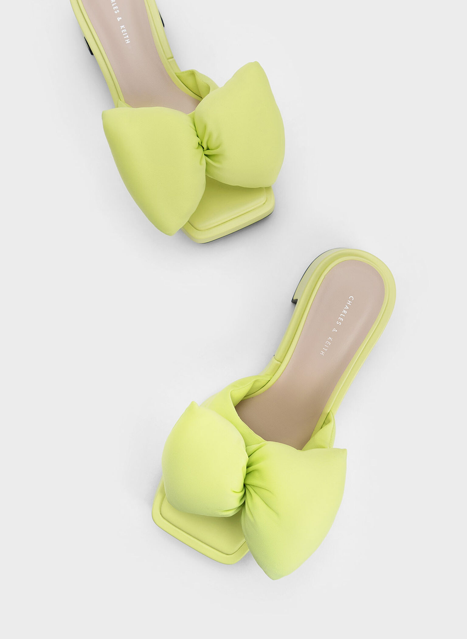 Puffy Bow Heeled Mules, Lime, hi-res