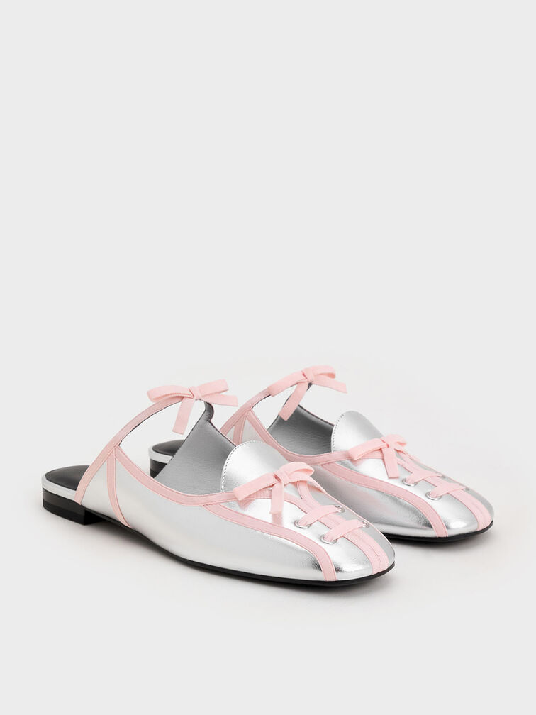 Metallic Lace-Up Bow Ballet Mules, Silver, hi-res