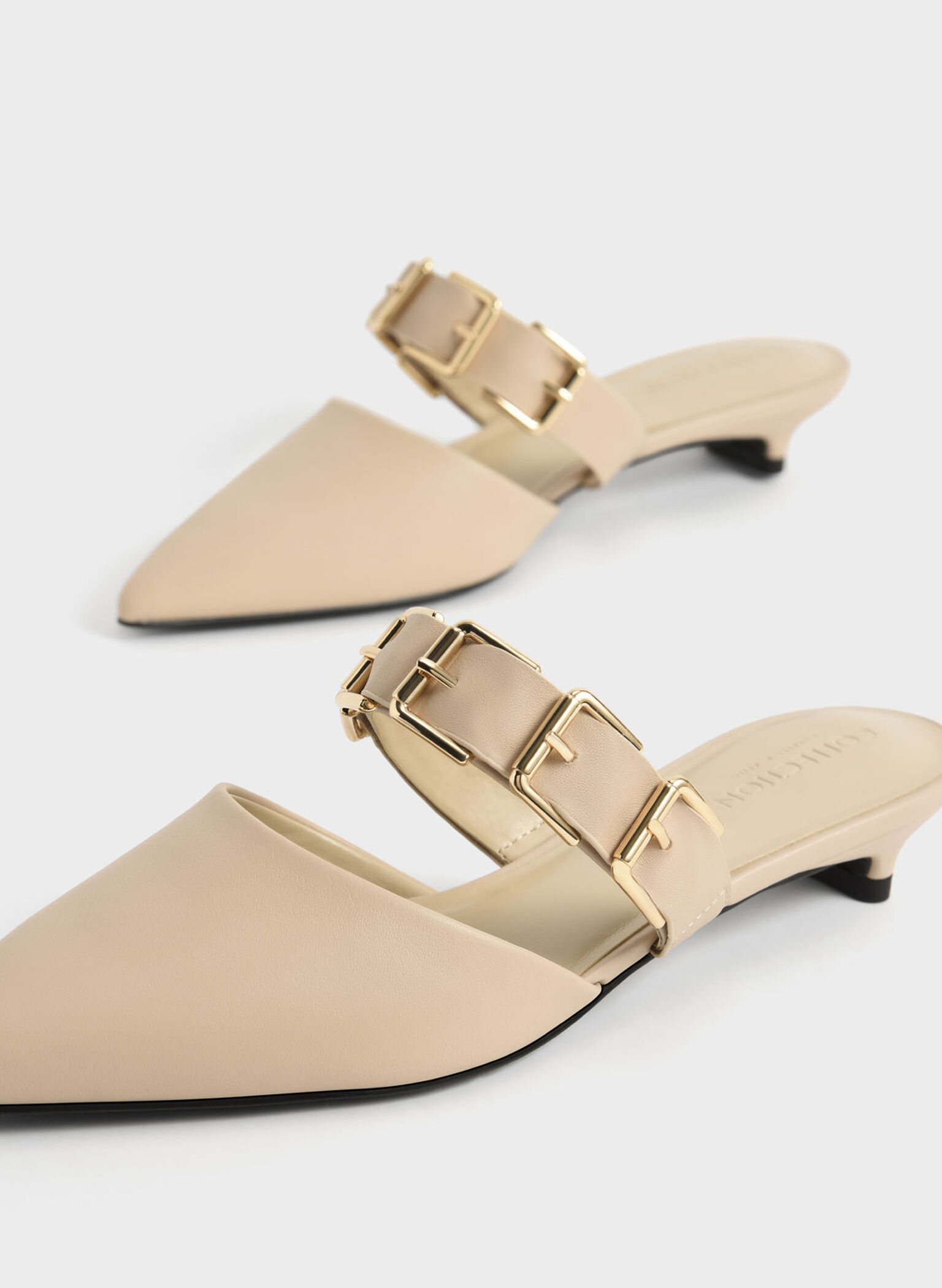 Buckled Leather Kitten Heel Mules, Chalk, hi-res