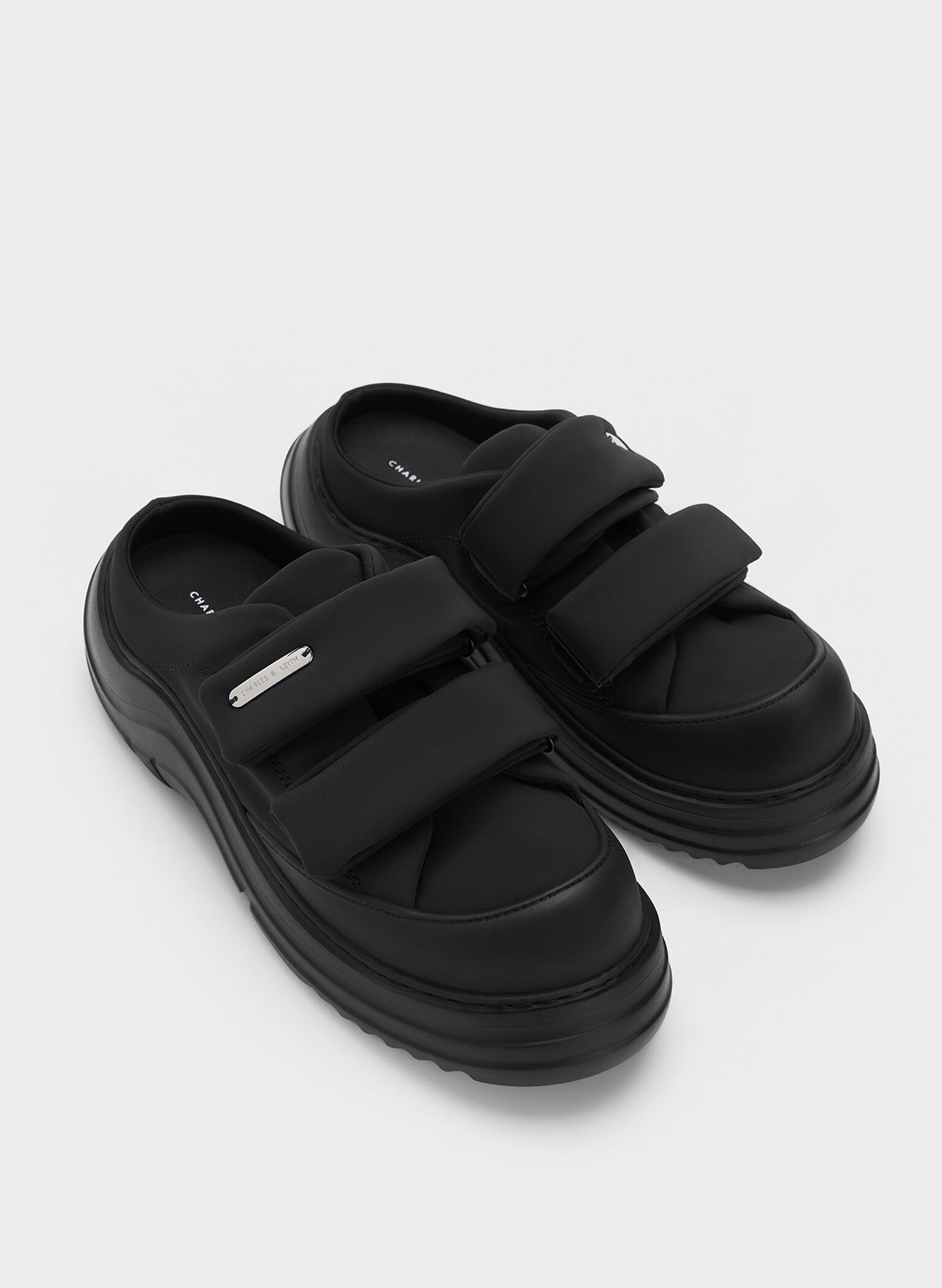 Nylon Padded Double-Strap Slip-On Sneakers, Black Textured, hi-res
