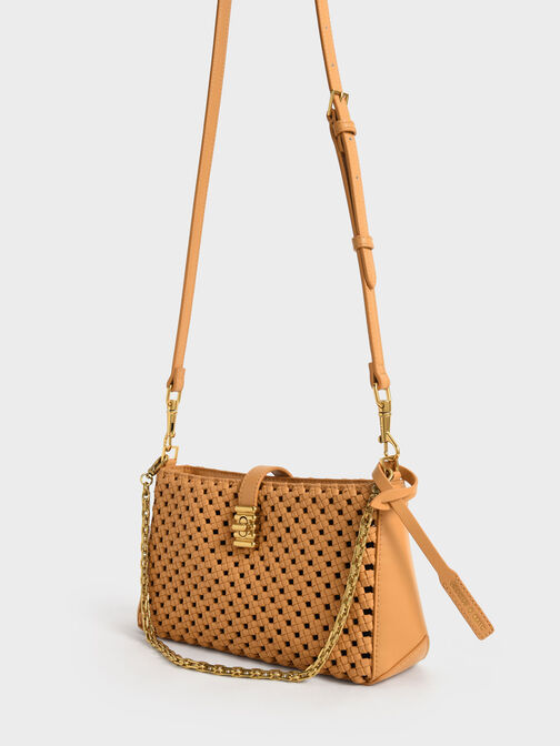 Nova Woven Chain-Handle Shoulder Bag, Orange, hi-res