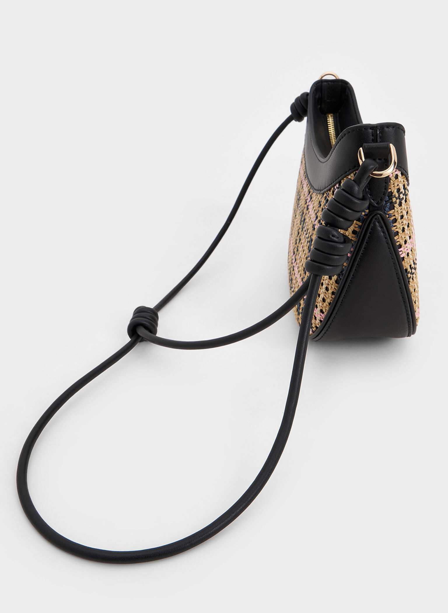 Sabine Tartan Knotted-Strap Curved Shoulder Bag, Tartan Straw, hi-res
