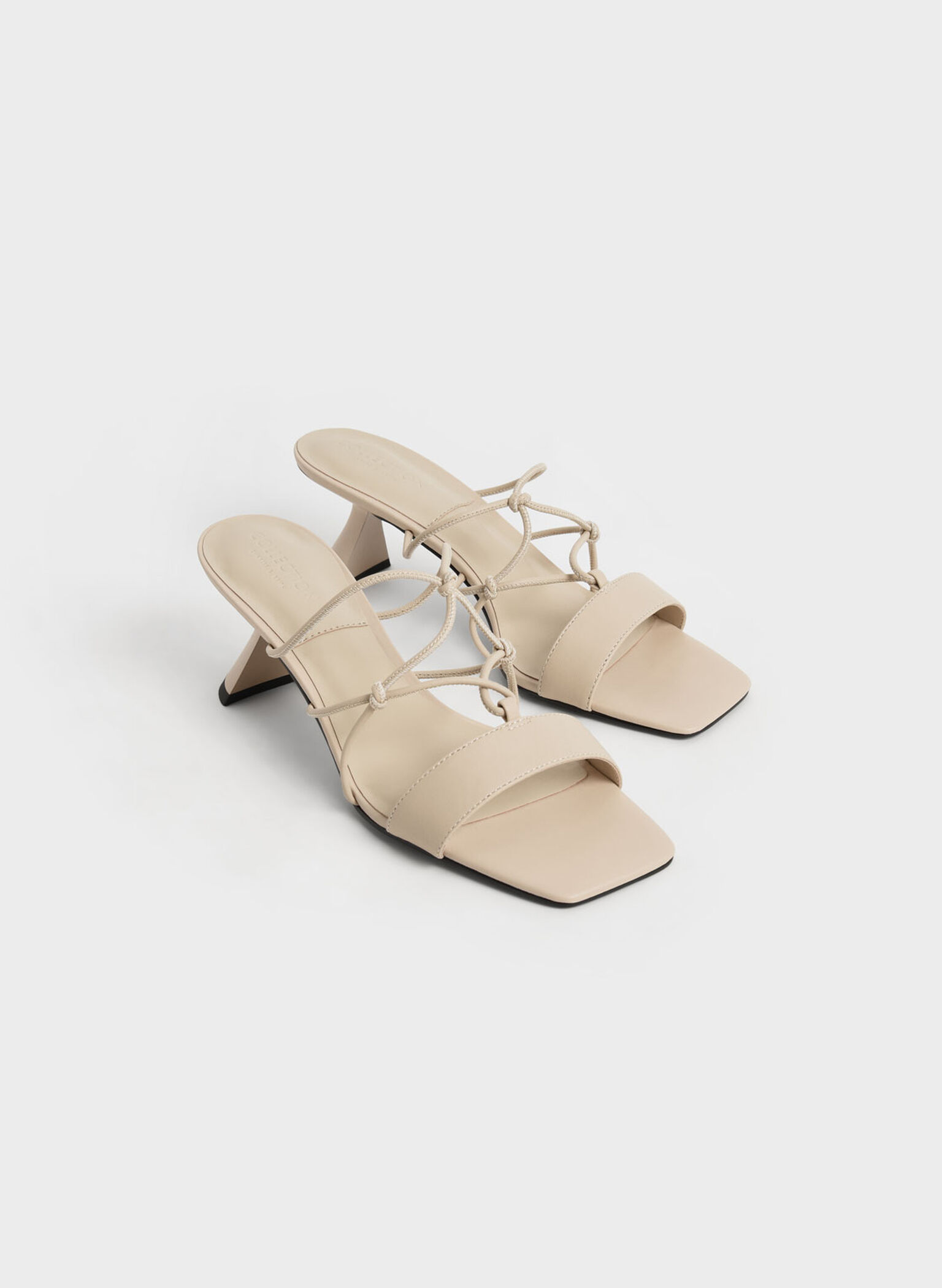 Strappy Leather Sculptural Heel Sandals, Beige, hi-res