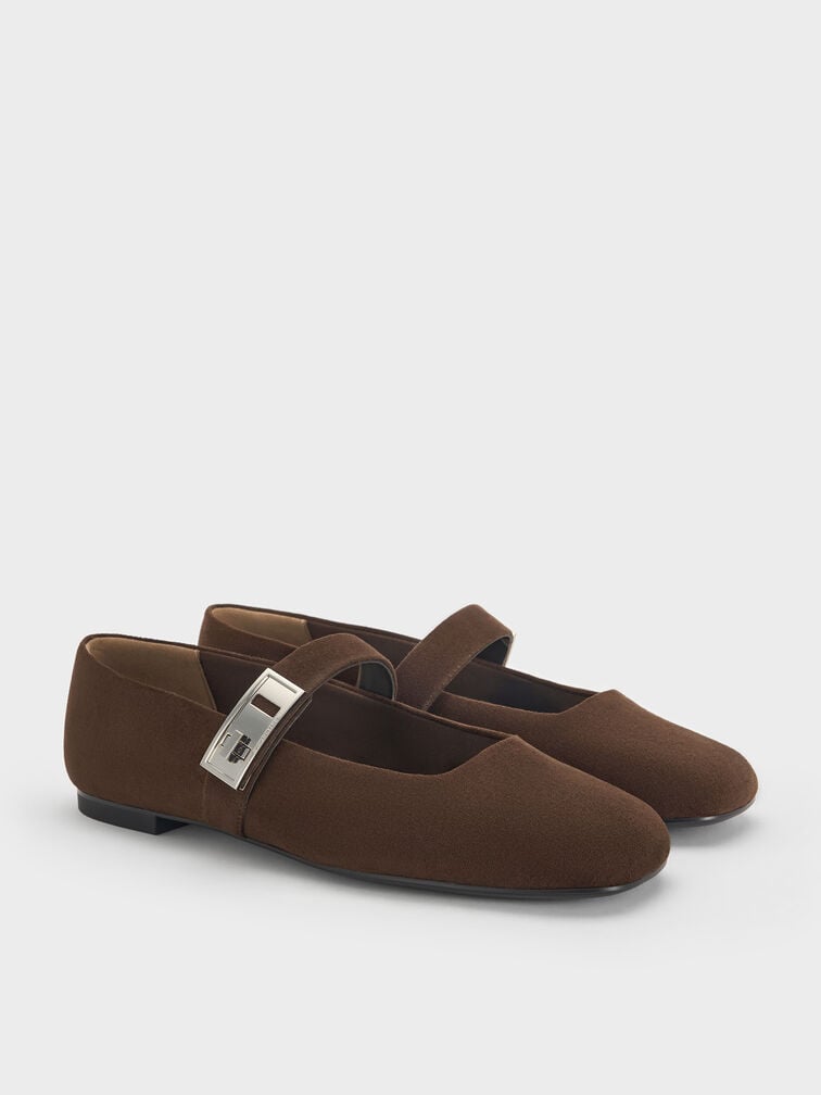Lando Faux Suede Metallic-Buckle Mary Jane Flats, Dark Brown Textured, hi-res