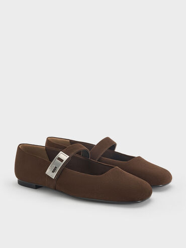 Lando Faux Suede Metallic-Buckle Mary Jane Flats, Dark Brown Textured, hi-res