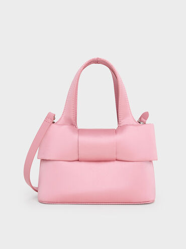 Satin Bow Bucket Bag, Flamingo Pink, hi-res