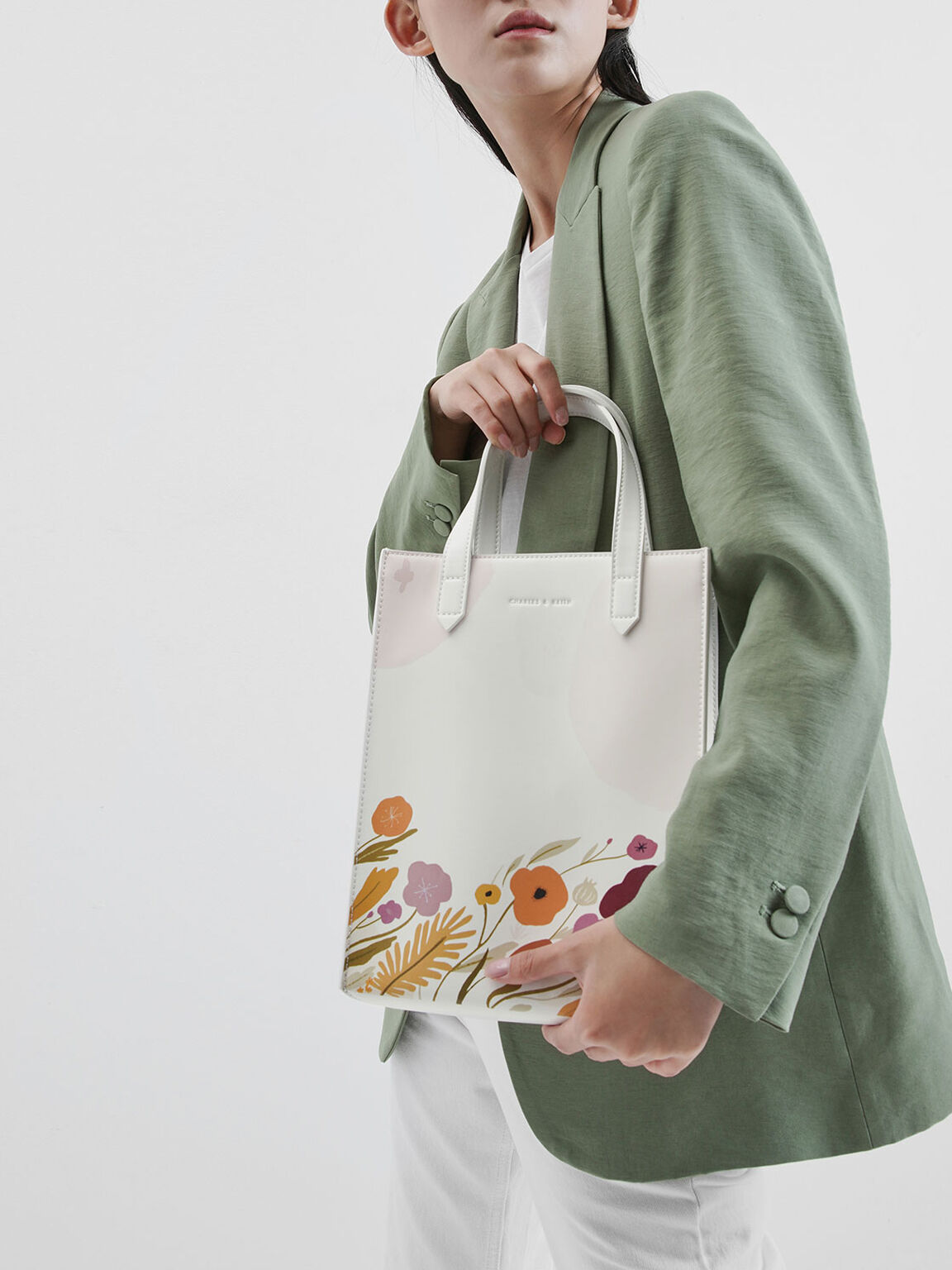 White Floral Illustration Tote Bag CHARLES  KEITH  UK