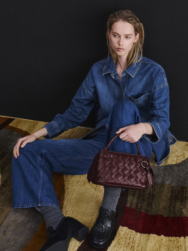 Ivette Woven Top Handle Bag, Wineberry Red, hi-res