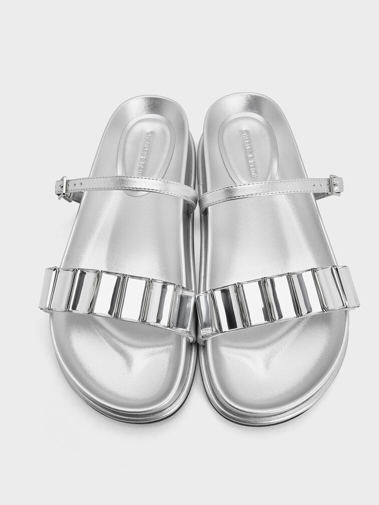 Metallic Crystal-Embellished Double-Strap Sandals, Silver, hi-res