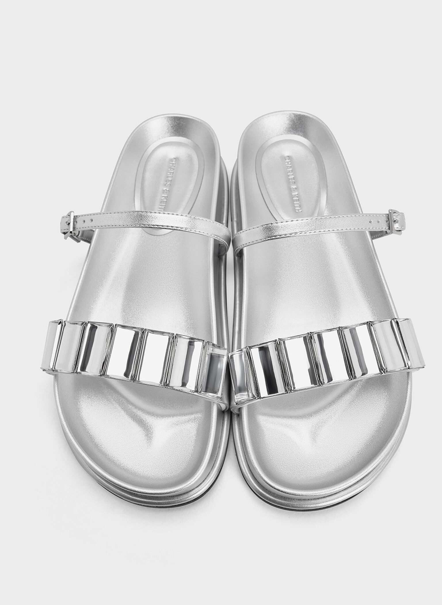 Metallic Crystal-Embellished Double-Strap Sandals, Silver, hi-res