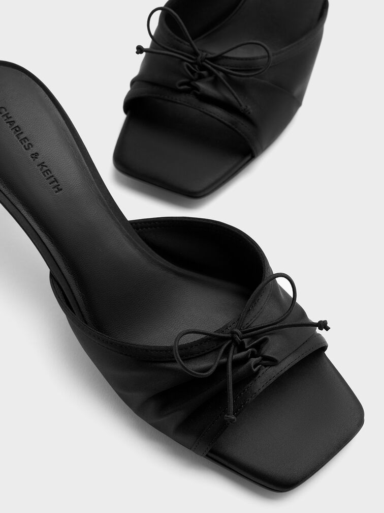 Satin Ruched Bow Heeled Mules, Black Textured, hi-res