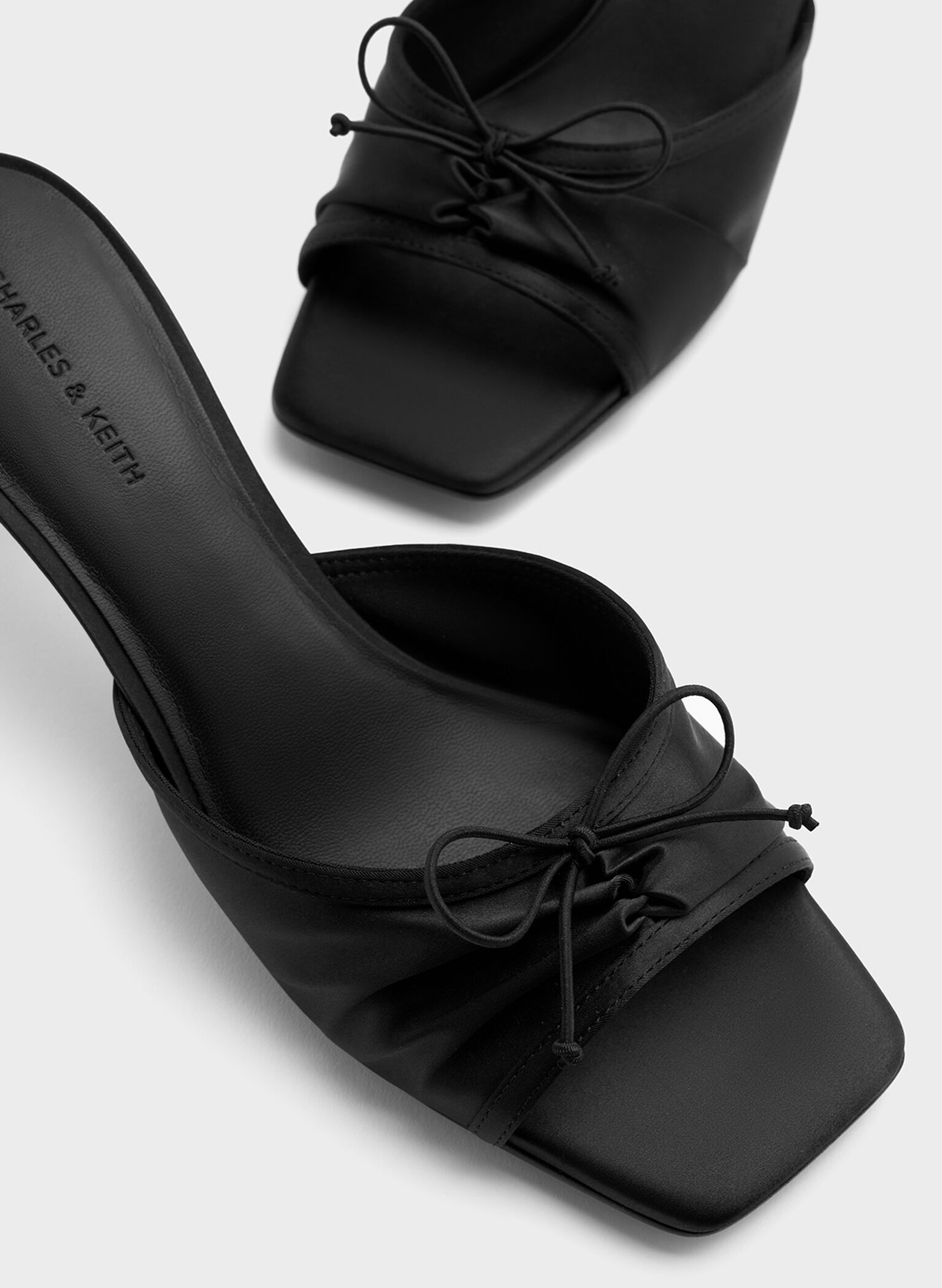 Satin Ruched Bow Heeled Mules, Black Textured, hi-res