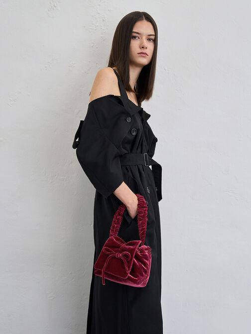 Velvet Bow Ruched Top Handle Bag, Pink, hi-res