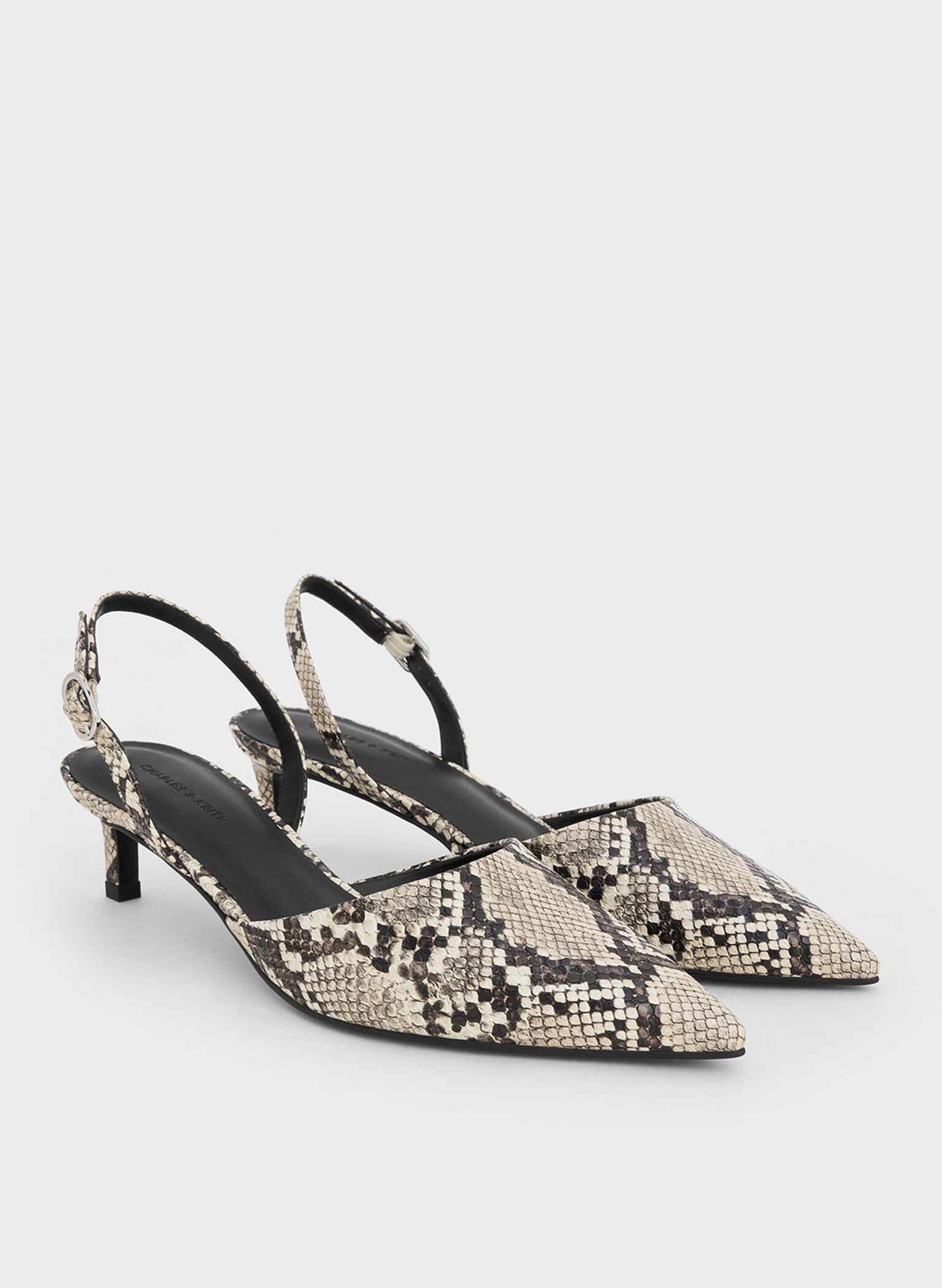 Snake-Print Pointed-Toe Slingback Kitten Heels, Animal Print Natural, hi-res