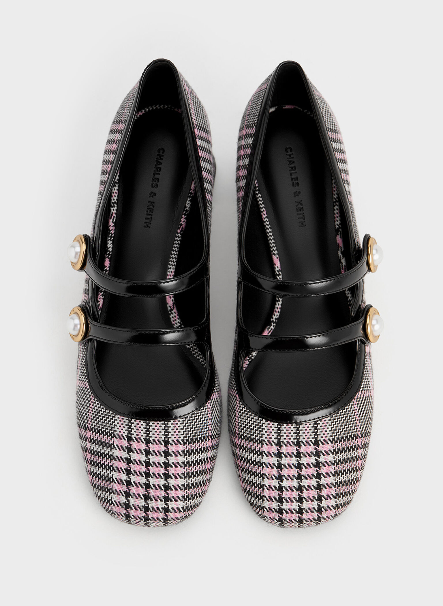 Plaid Pearl-Buckle Mary Jane Pumps, Pink, hi-res
