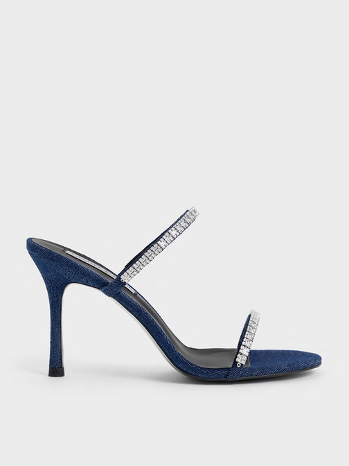 Ambrosia Denim Gem-Embellished Heeled Mules, Blue, hi-res