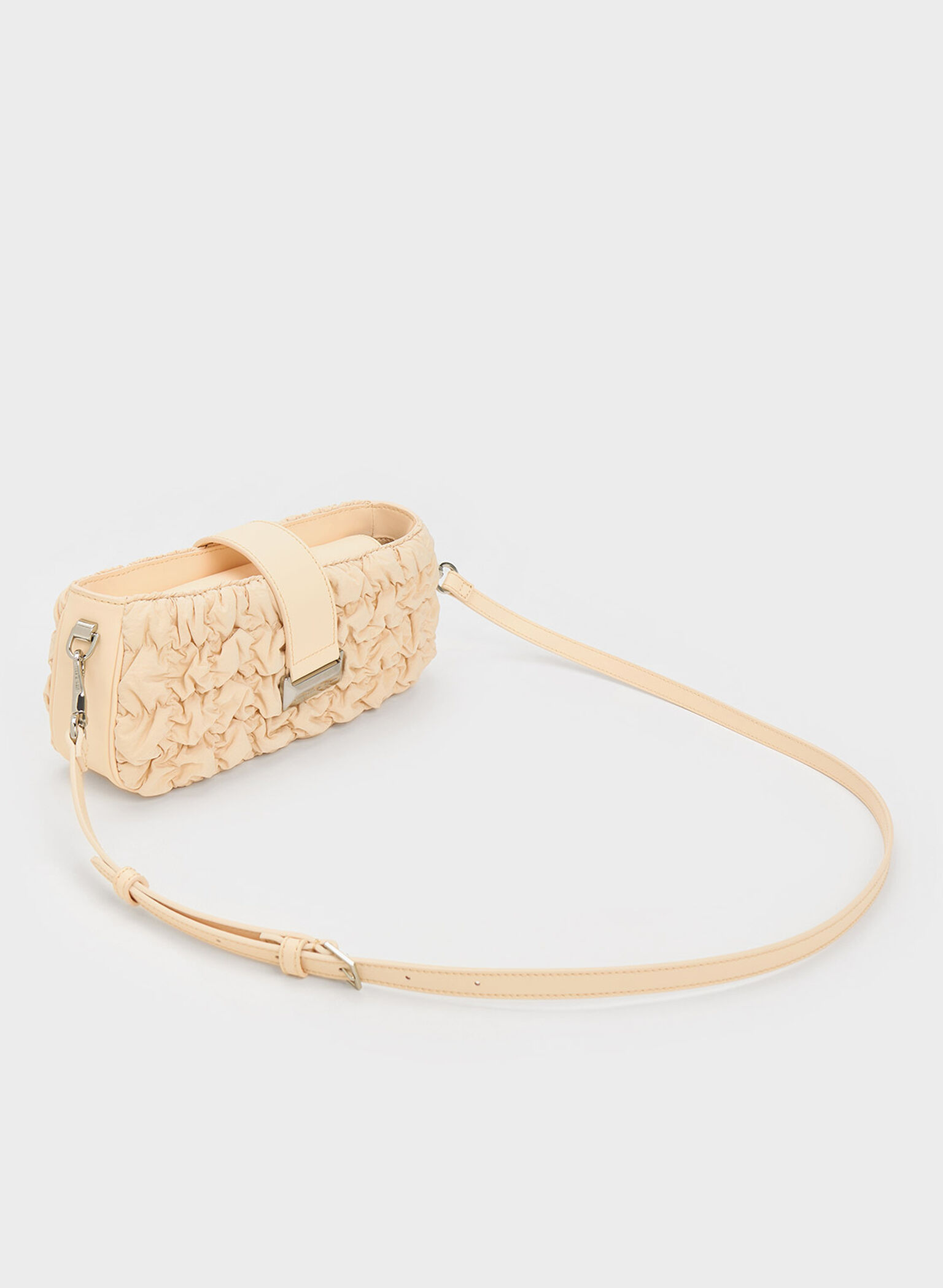 Ruched Nylon Chain Handle Bag, Beige, hi-res