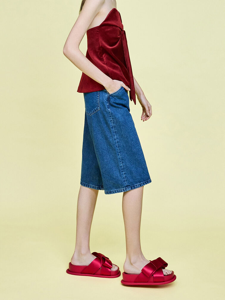 Satin Bow Flatform Sandals, Red, hi-res