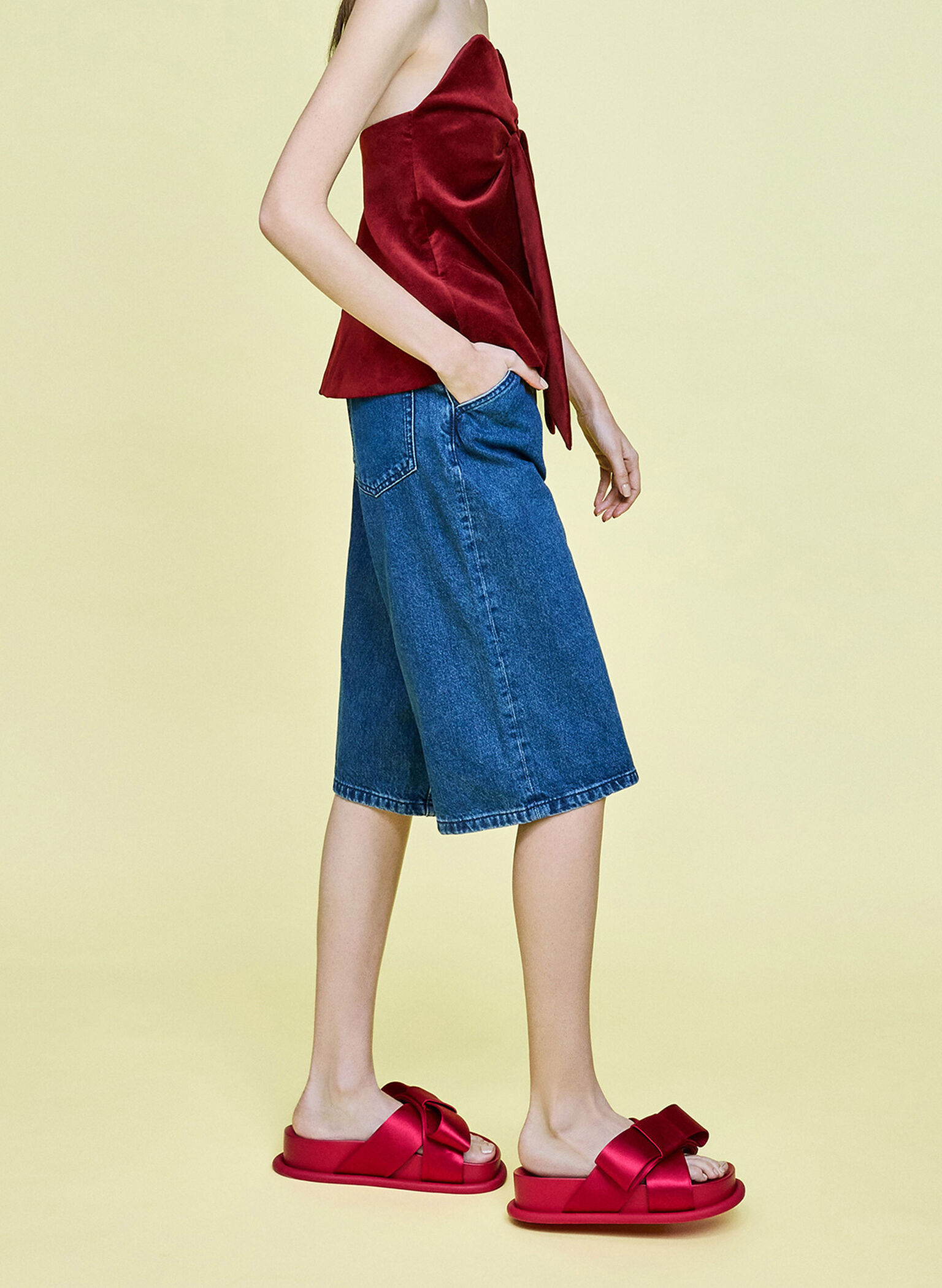 Satin Bow Flatform Sandals, Red, hi-res