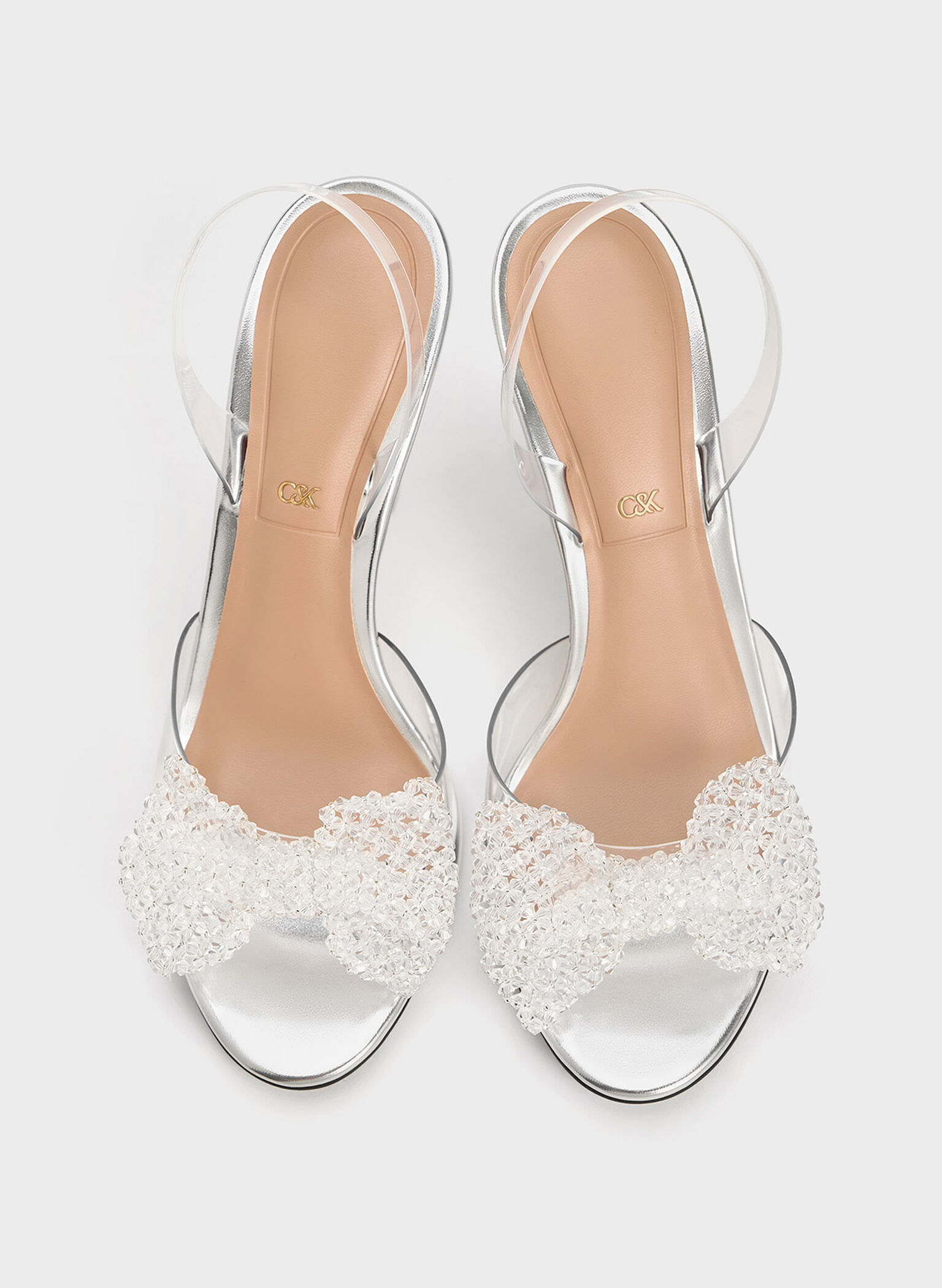 See-Through Beaded Bow Slingback Pumps, Clear, hi-res