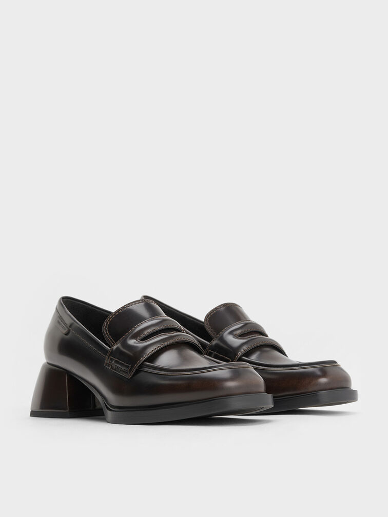 Penny Loafer Trapeze-Heel Pumps, Brown, hi-res