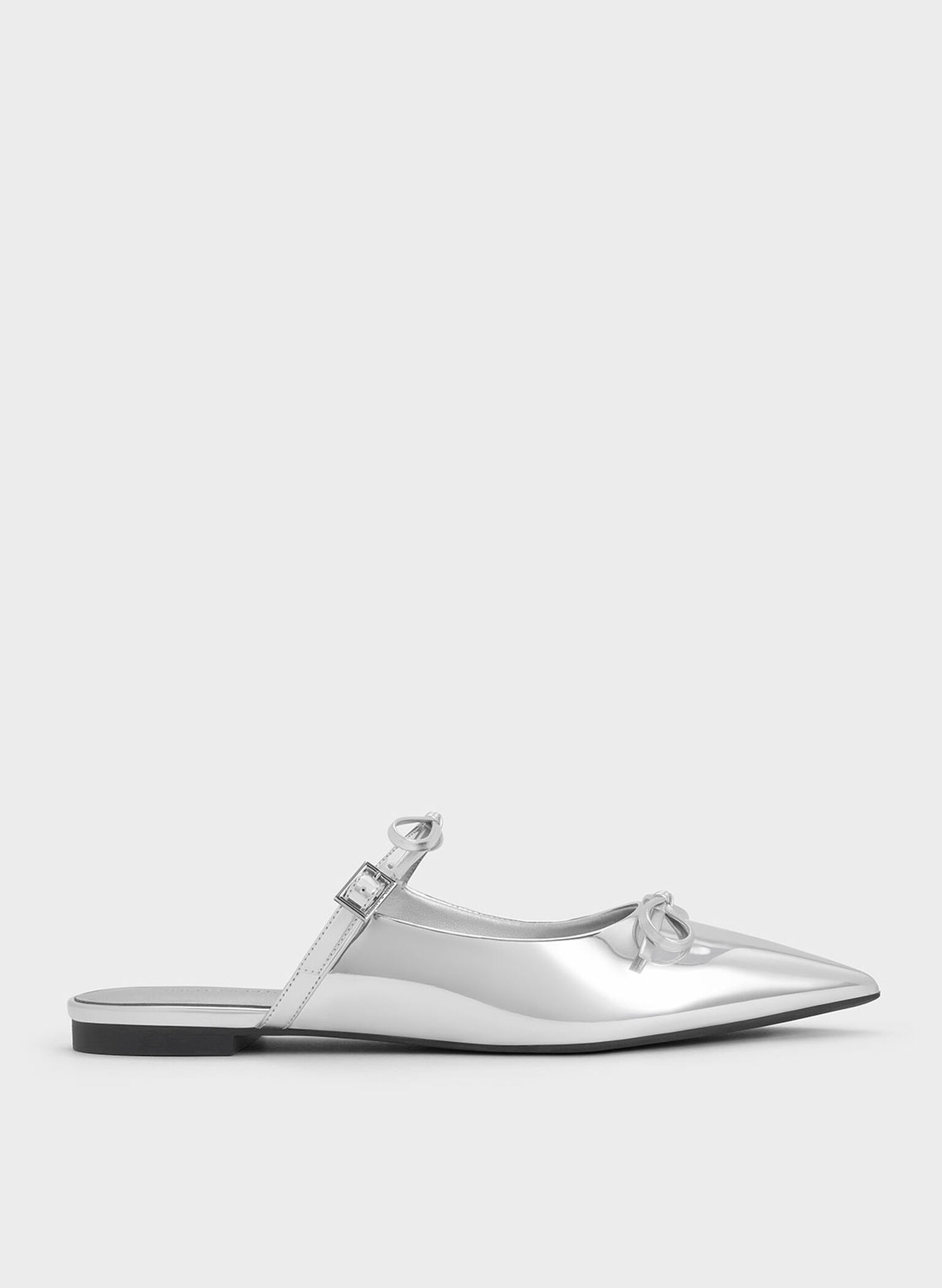 Metallic Double-Bow Pointed-Toe Mules, Silver, hi-res