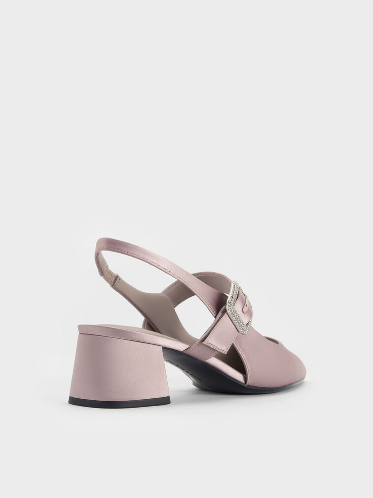 Satin Crystal-Buckle Block-Heel Slingback Pumps, Mauve, hi-res