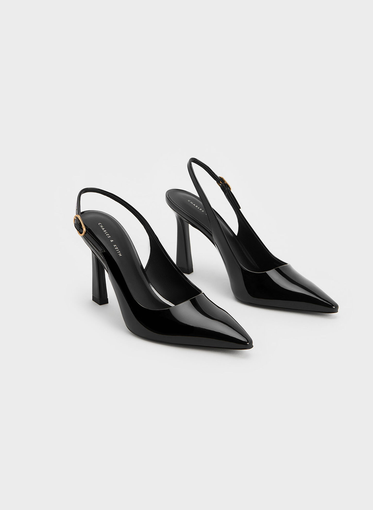 Patent Trapeze Heel Slingback Pumps, Black Patent, hi-res