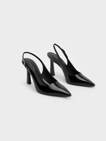 Patent Trapeze Heel Slingback Pumps, Black Patent, hi-res