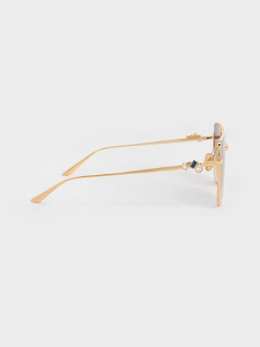 Crystal-Embellished Metal-Rim Butterfly Sunglasses, Gold, hi-res
