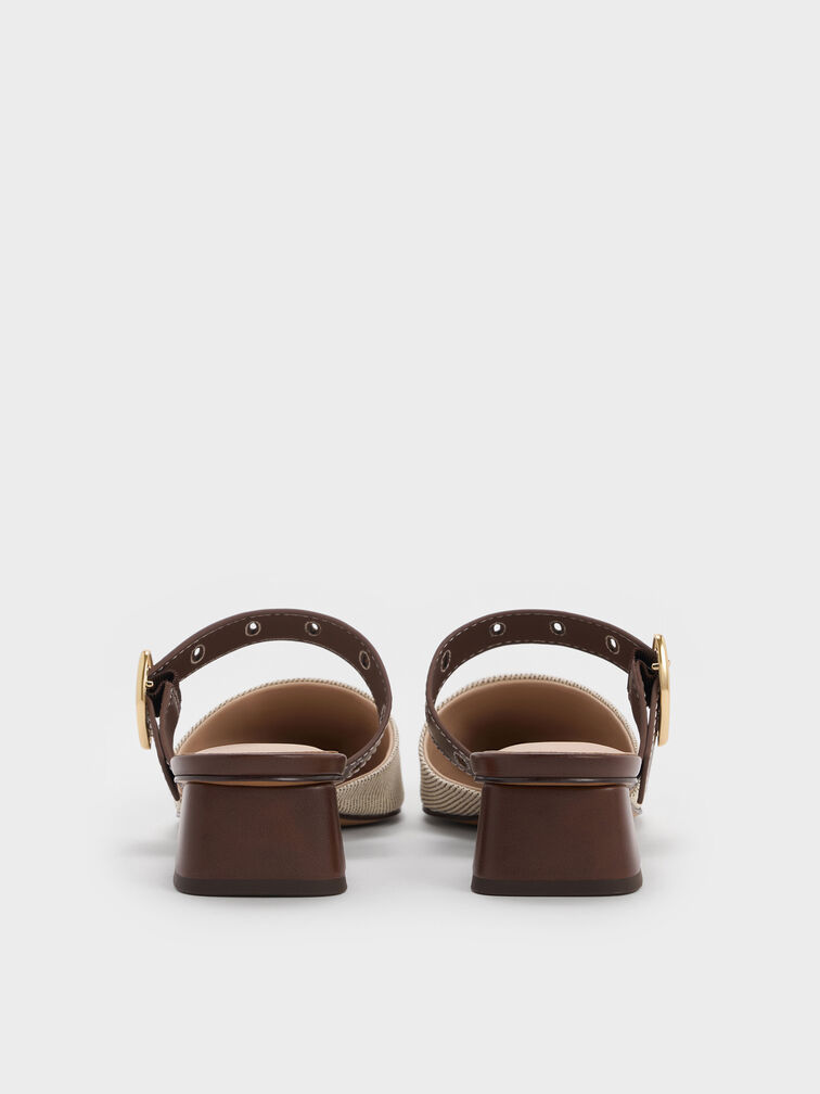 Sepphe Twill Metallic Buckle Pointed-Toe Heeled Mules, Brown, hi-res