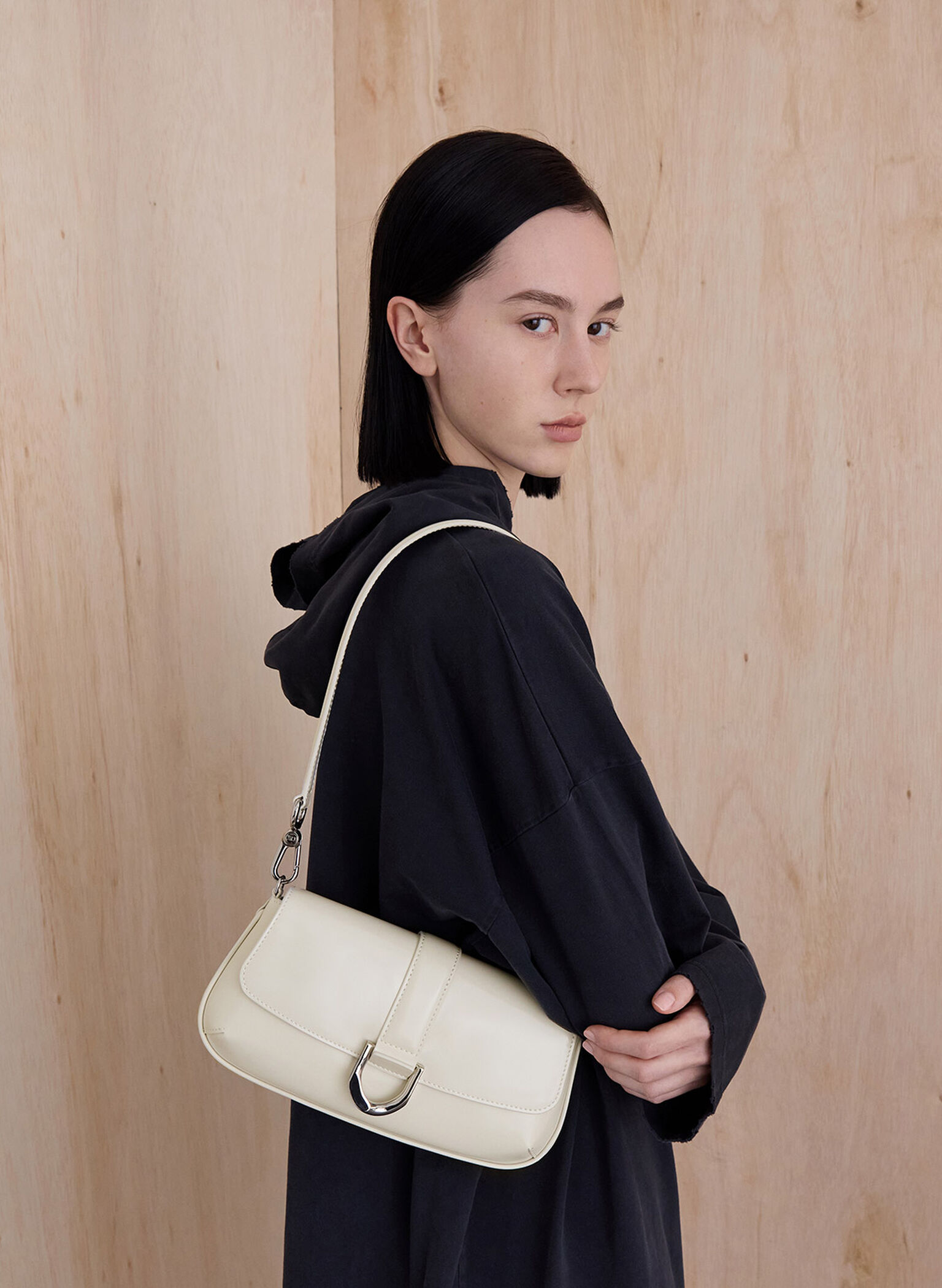 Gabine Leather Elongated Shoulder Bag, White, hi-res