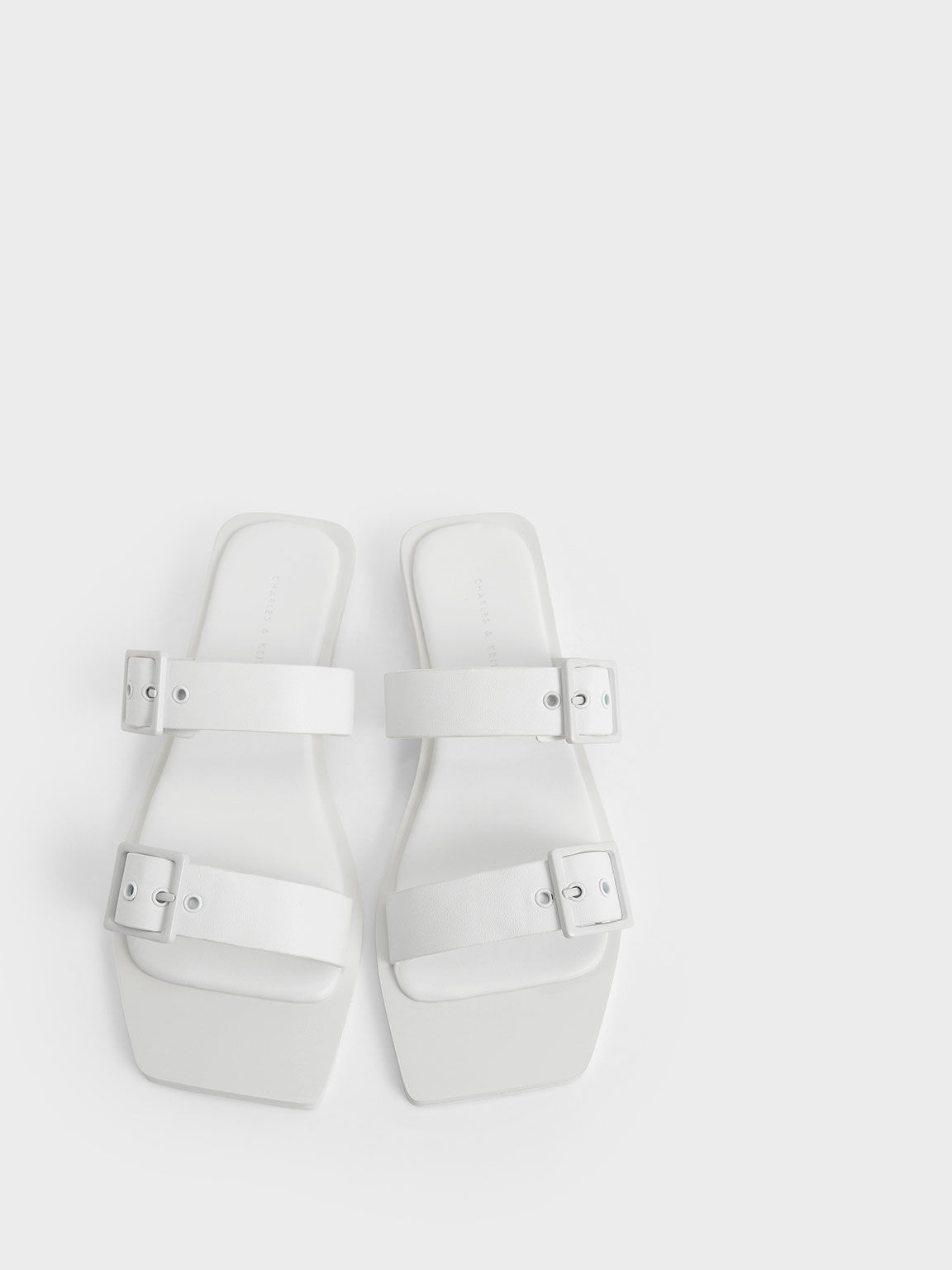 Square Toe Buckled Slide Sandals, White, hi-res