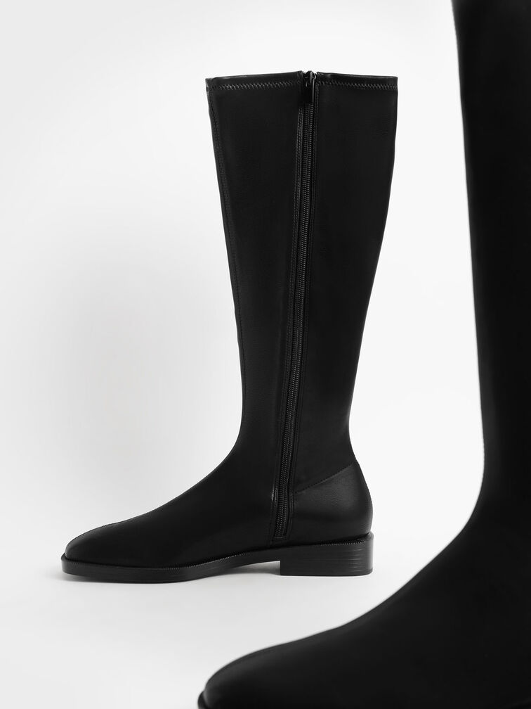 Sasky Knee High Flat Boots, Black, hi-res