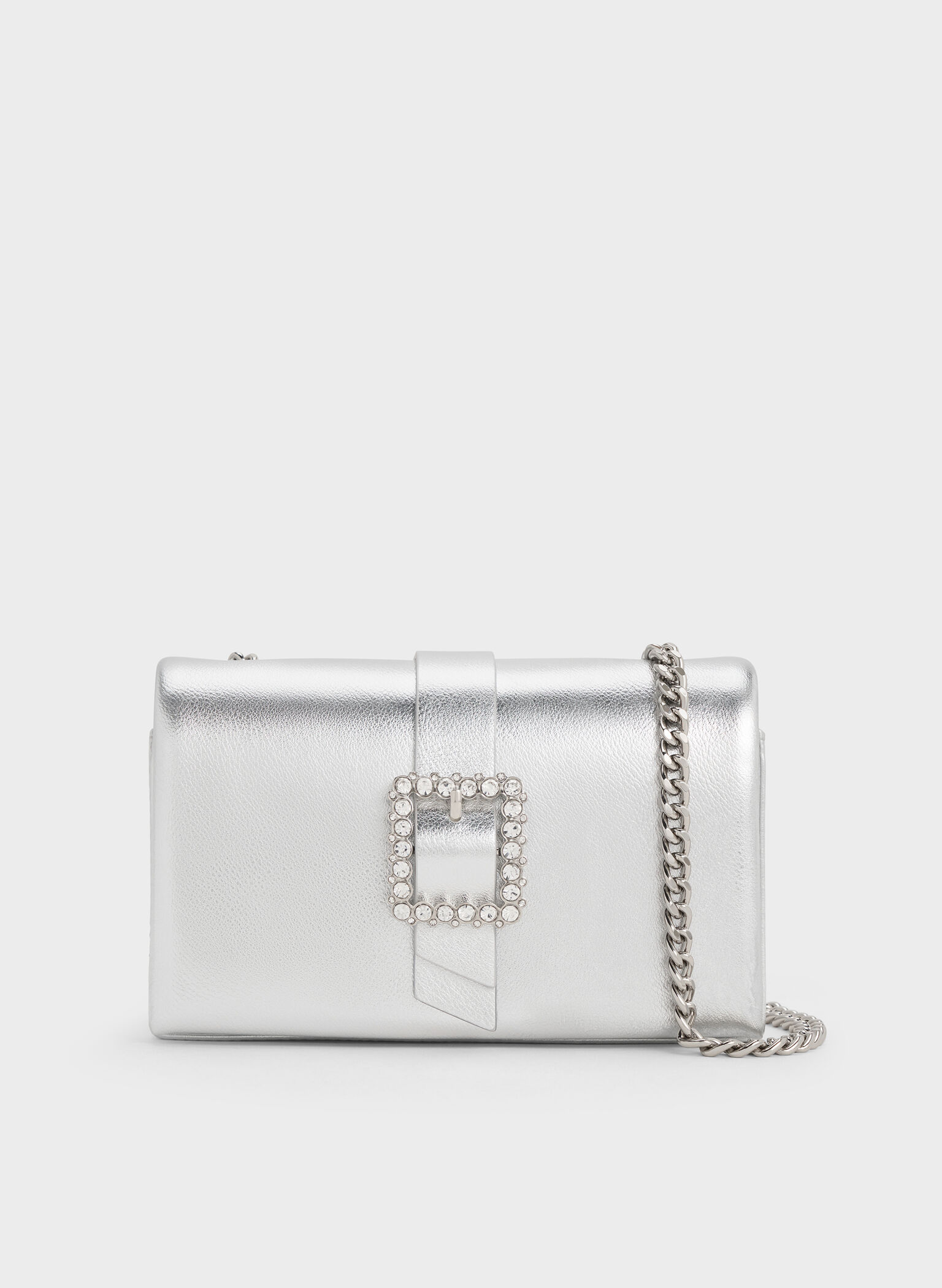 Metallic Crystal-Buckle Belted Chain-Handle Bag, Silver, hi-res