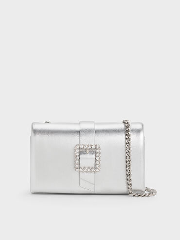 Metallic Crystal-Buckle Belted Chain-Handle Bag, Silver, hi-res