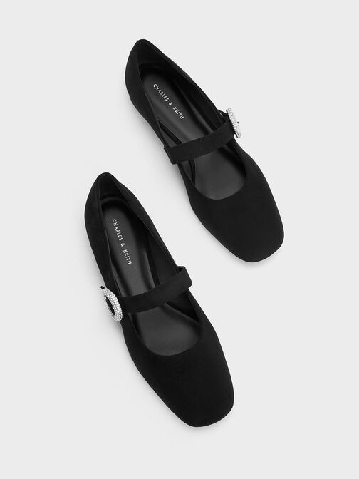 Textured Crystal-Embellished Buckle Mary Jane Flats, Black Textured, hi-res