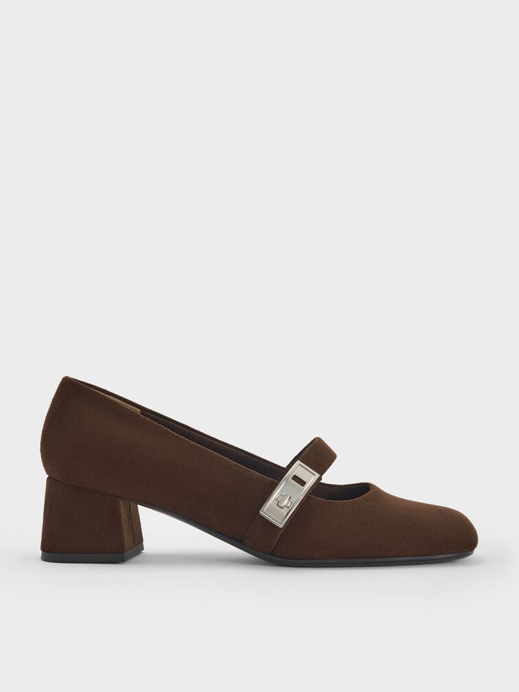 Lando Faux Suede Metallic-Buckle Mary Jane Pumps, Dark Brown Textured, hi-res
