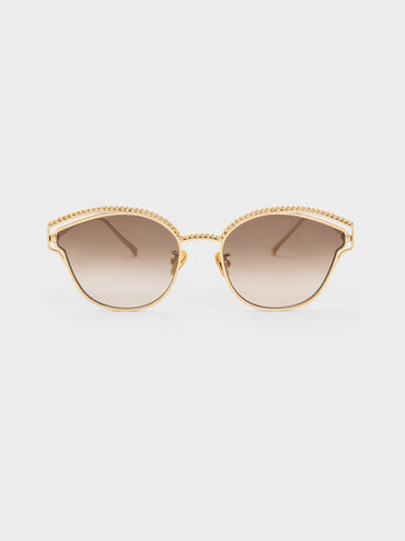 Braided Wire-Frame Cateye Sunglasses, Gold, hi-res