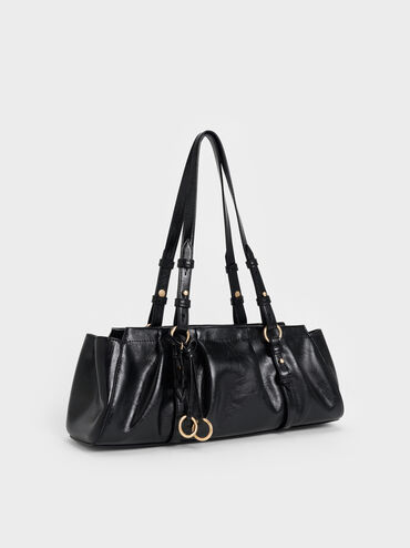 Britton Ruched Elongated Shoulder Bag, Black, hi-res