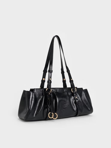 Britton Ruched Elongated Shoulder Bag, Black, hi-res